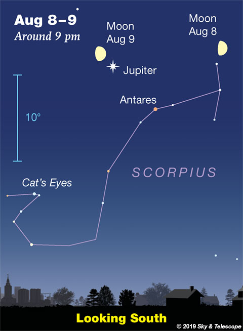 Moon with Jupiter and Antares, Aug. 8-9, 2019